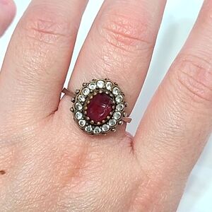 Vintage Antique Boho Sterling Silver Oval Red Ruby Crystal Halo Ring 7